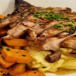 Pommes Puree, Fried Brussels Sprout, Salsa Roja