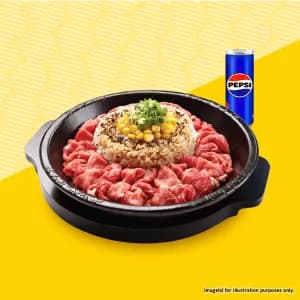 Jumbo Beef Pepper Rice Bowl with Drink.