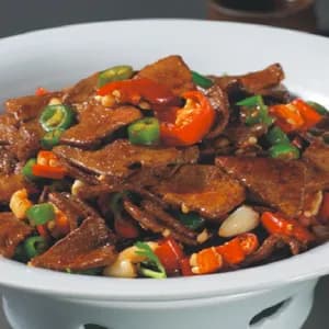 爆炒猪肝 Spicy stir-fried pork liver with peppers.
